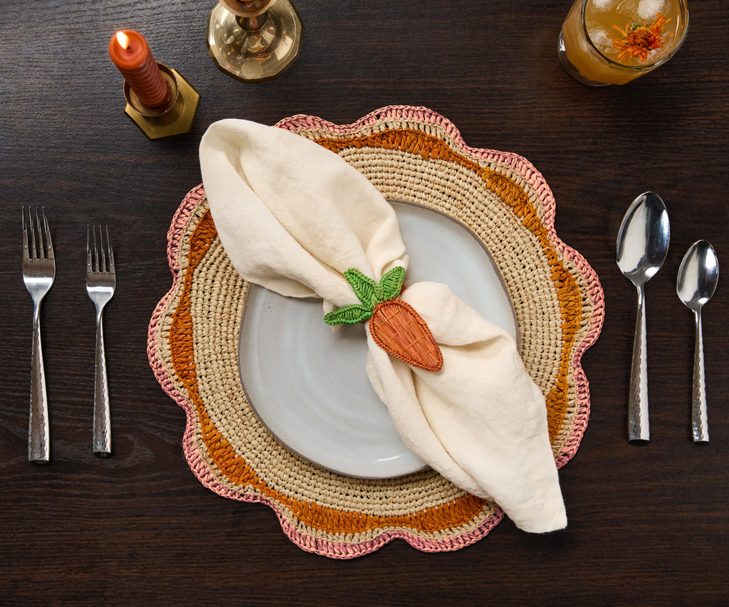 Round Pink Raffia Placemat – 14” Handwoven Crochet – Garden Party & Summer Table Decor