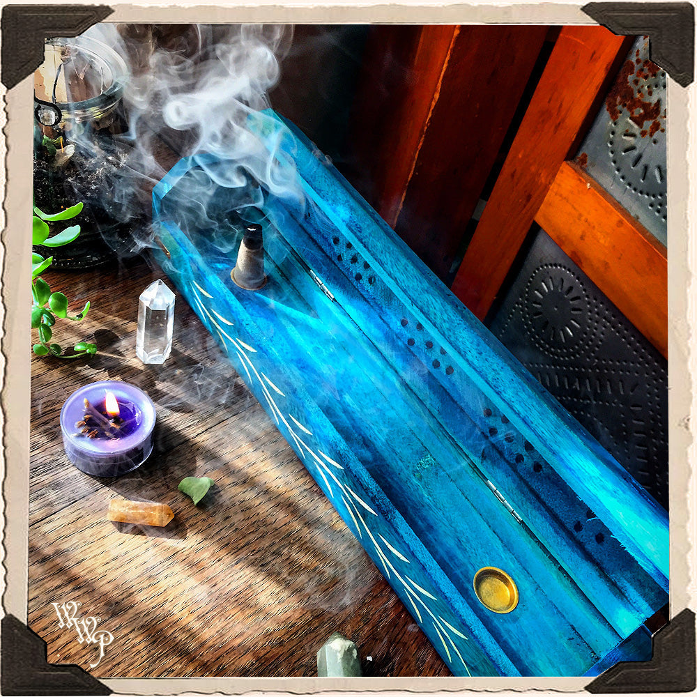 GYPSY TEAL WOODEN INCENSE BURNER. Box For Incense Sticks & Cones.