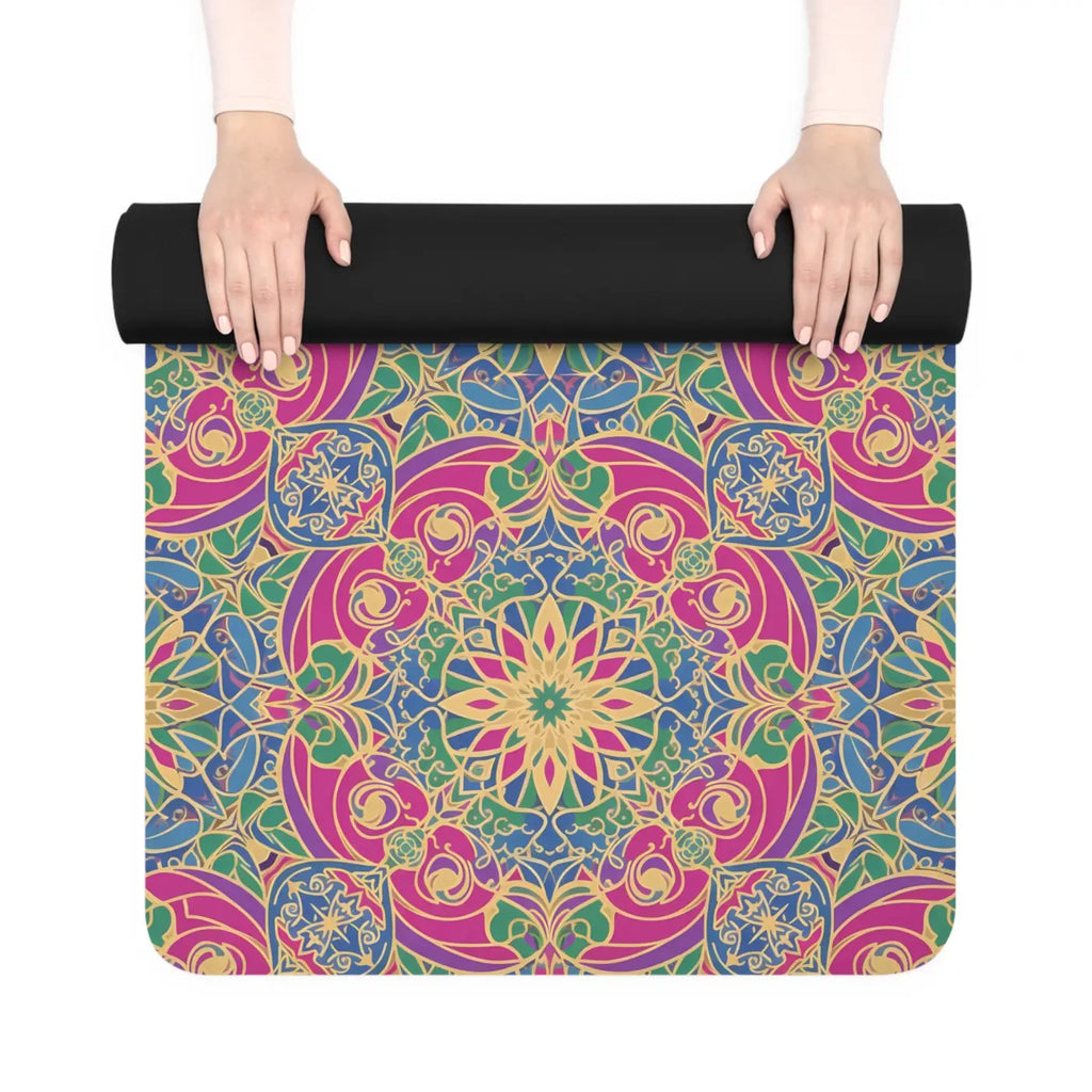 Vibrant Floral Rubber Yoga Mat - Pink Teal Mandala - Dipaliz