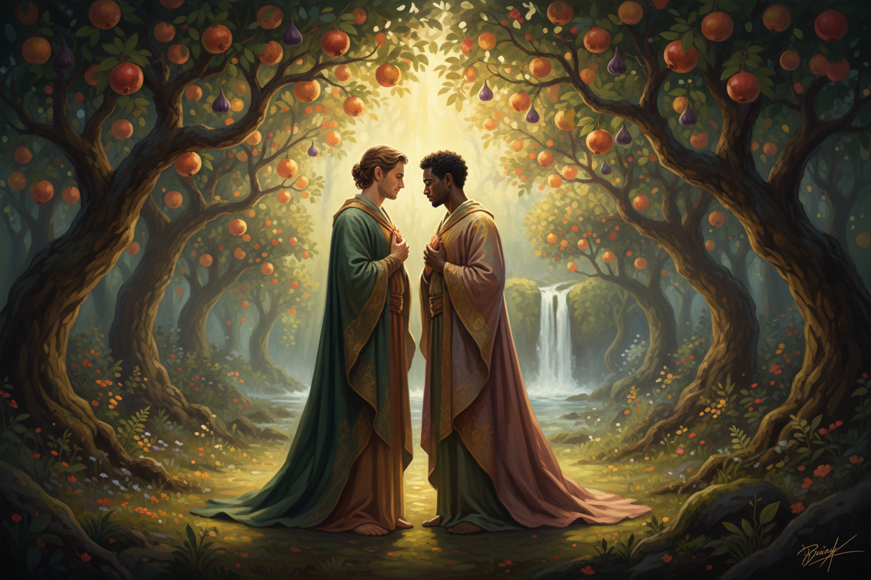 Two Men Hands on Hearts in Fruit Tree Forest